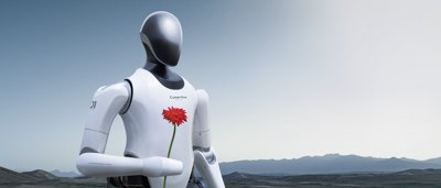 The Xiaomi CyberOne humanoid robot holding a single red flower.